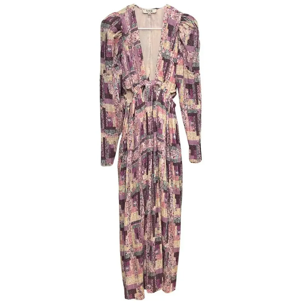 SEA NY Maxi Dress Patchwork Floral Naya Cutout‎ Long Sleeve Pleated Purple XS - Picture 7 of 11